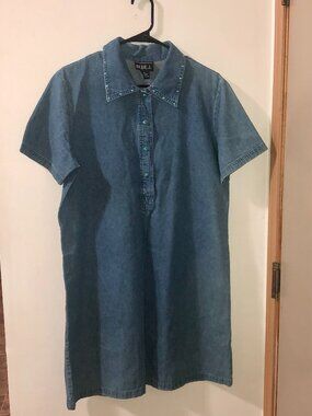 Vintage 90s Blue J Denim Medium Cotton Turquoise Studded Western Shirt Dress